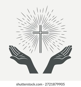 Vetor preto e branco Mãos abertas com cruz. Símbolo de fé e oração. Modelo de design para o logotipo da Igreja. Oração, conceito de religião. Ícone De Silhueta De Recorte Monocromático. Ilustração de vetor