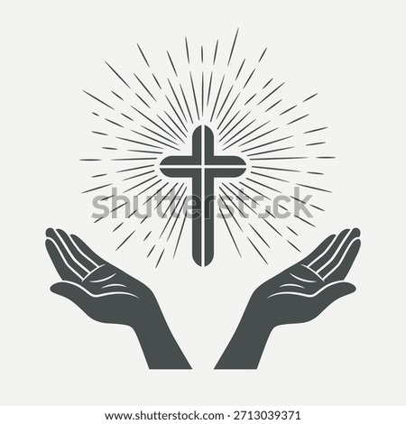 Vector Black and White Open Hands with Cross. Symbol of Faith and Prayer. Design Template for Church Logo. Prayer, Religion Concept. Monochrome Cut Out Silhouette Icon. Vector Illustration