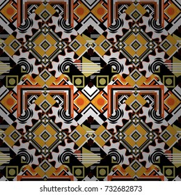 Vector black, white and orange seamless background pattern with rhombuses.