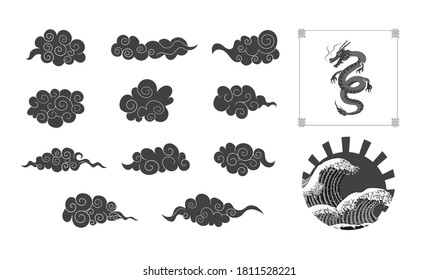 Vector Black and White Oriental Style Decorative Elements, Isolated Illustrations Set, Clouds, Waves and Dragon, Square Frame.