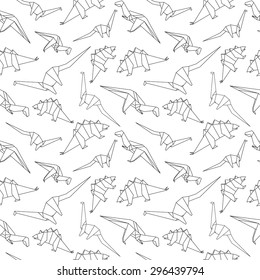 Vector black and white origami dinosaur seamless pattern.