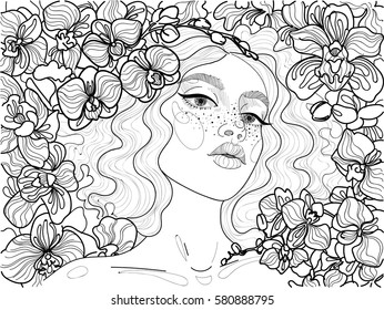 
vector black and white ornament beautiful girl with full lips and freckles among blooming orchids