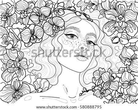 
vector black and white ornament beautiful girl with full lips and freckles among blooming orchids