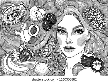 vector black and white ornament drawing beautiful girl with plush hair and fruits, interwoven healthy braid curls 