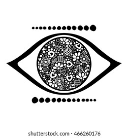 Vector black and white ornamental decorative illustration of human eye, isolated on the white background. 