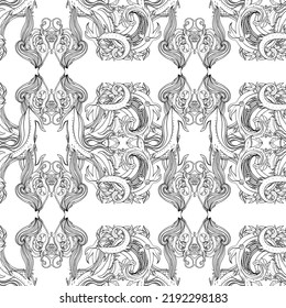 Vector black and white ornamental Lotus Bohemian floral paisley seamless ornament. Folk henna tattoo style pattern. Indian style. Vintage ornate vector wallpaper. Astrology, alchemy, spirit, magic.