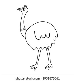 Vector black and white ostrich icon isolated on white background. Cute African bird line illustration for kids
