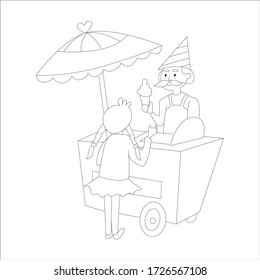 Vector black and white outline contour. Silhouette girl buys ice cream. Coloring.