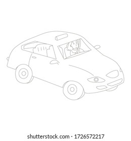 Vektor schwarz-weiß Kontur. Silhouette eines Taxifahrers bei einer Autofahrt. Färben.