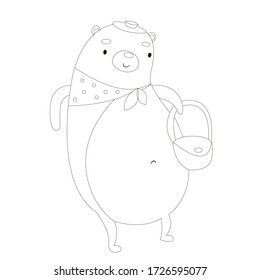 Vector black and white outline contour. Bear in a hat with a bag.

