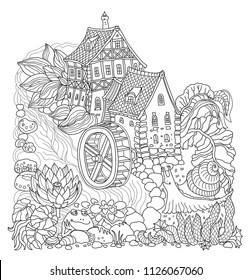 Vector black and white outline contoured fairy tale landscape, flowers, small fantasy Water Mill building, river, frog and snail on a white background. T shirt print. Adults and children Coloring Book