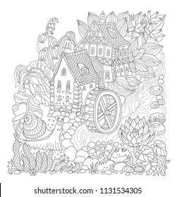 Vector black and white outline contoured fairy tale landscape, flowers, small fantasy Water Mill building, river, frog and snail on a white background. T shirt print. Adults and children Coloring Book