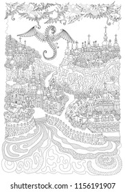 Vector black and white outline contoured fantasy landscape, fairy tale small town buildings, church on the river bank, dragon, angels and demons in the sky. T shirt print. Adults Coloring Book page 