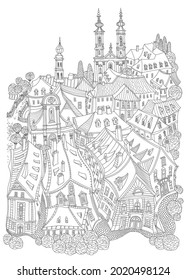 Vector black and white outline contoured fantasy landscape, fairy tale small town medieval buildings. T shirt print. Adults Coloring Book page, Travel brochure 