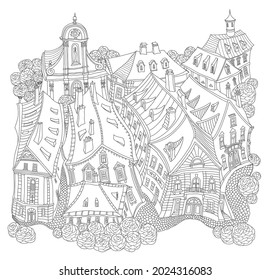 El contorno vectorial blanco y negro representa un paisaje de fantasía, cuento de hadas pequeños edificios medievales de pueblo. Papel de camiseta. Página del Libro de Coloración de Adultos, Folleto de viaje 
