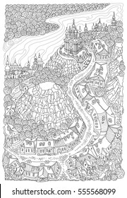 Vector black and white outline contoured fantasy landscape, trees, fairy small town buildings, street, church and garden on a white background. T shirt print. Adults and children Coloring Book page