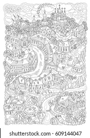 Vector  black and white outline contoured fantasy landscape, trees, fairy small town buildings, street, church on a white background. T shirt print. Adults and children Coloring Book page. Batik