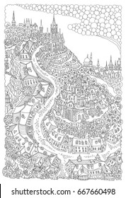 Vector  black and white outline contoured fantasy landscape, fairy small town buildings, street, castle and palace on a white background. T shirt print. Adults and children Coloring Book page. Batik