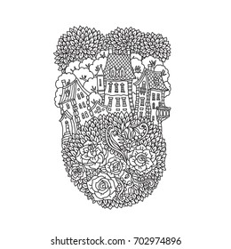 Vector black and white outline contoured fantasy landscape, trees, rose flowers, fairy small town buildings and garden on a white background.T shirt print. Adults Coloring Book square page, book cover