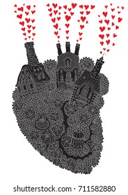 Vector black and white outline contoured fantasy Heart silhouette from trees, rose flowers, fairy small town buildings, garden, hearts on a white background. T shirt print. book cover, batik, poster