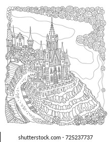 Vector black and white outline contoured fantasy landscape, fairy small town buildings, river, street, castle and palace on white background.T shirt print. Adults and children Coloring Book page.Batik