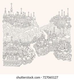 Vector black and white outline contoured fantasy landscape, fairy tale small town buildings and trees, church and garden on a beige background. T shirt print. Adults and Children Coloring Book page 