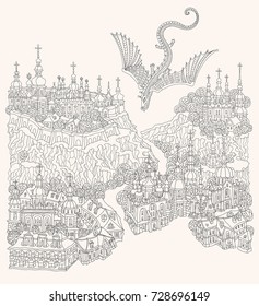 Vector black and white outline contoured fantasy landscape, fairy tale small town buildings and dragon, church and garden on a beige background. T shirt print. Adults and Children Coloring Book page 