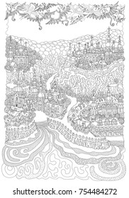 Vector black and white outline contoured fantasy landscape, fairy tale small town buildings and trees, church on the river bank, angels and demons in the sky. T shirt print. Adults and Children Colori