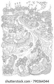Vector black and white outline contoured fantasy landscape, trees, fairy small town buildings, church, flying birds and witches on the pommel. Black and white T shirt print. Adults Coloring book