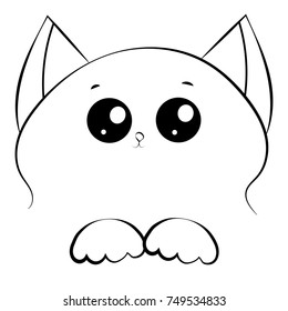 vector black and white outline drawing cute cat face with paws