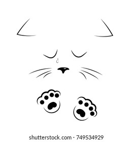 vector black and white outline drawing cute sad cat crying and flowing tears