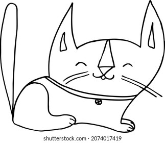 Esbozo vectorial negro y blanco divertido caricatura gatito feliz dormido con orejas grandes 