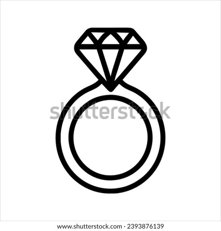 Vector black and white outline icon of diamond engagement ring. Symbol of engagement, marriage and wedding. Logo design for a company.