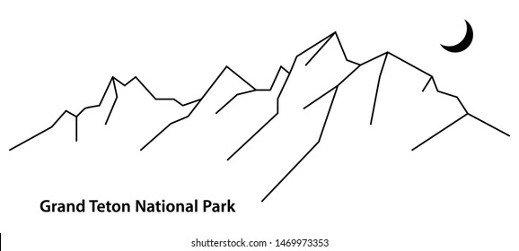 Vector black and white an outline illustration of The Grand Teton National Park, Wyoming, USA. Isolated black lines silhouette of mountains on white background for plotter cutting or print. - Vector