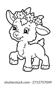 Vektorgrafik mit schwarz-weißem Umriss einer süßen Ziege, die einen Blumenkranz trägt. Cartoon Bauerntier im Malbuchstil, einzeln auf weißem Hintergrund. Perfekt für Kinderaktivitäten und Malvorlagen.