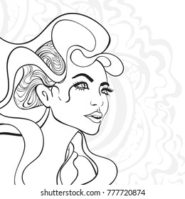 Vector black and white outline illustration of young beautiful girl portrait