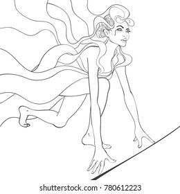Vector black and white outline illustration of girl runner preparing for the race at the start