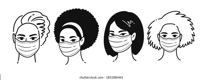 Vector black and white outline illustrations collection of female multiethnic portraits wearing protection medical masks isolated on white background. Coronavirus quarantine set.