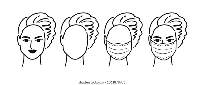 Vektorschwarz-weißer Umriss-Illustrationen von Charakteren mit Schutzmaske, einzeln auf weißem Hintergrund.