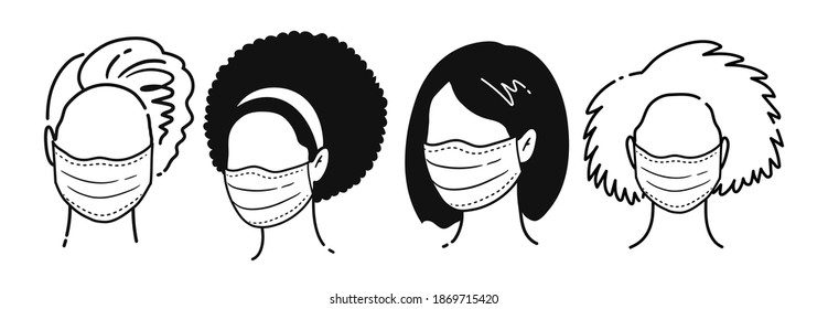 Vector black and white outline illustrations collection of female multiethnic faceless avatars wearing protection medical masks isolated on white background. Coronavirus quarantine set.