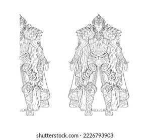 Vector black and white outline image of the game character Palladin knight in armor, paladin, computer game character black and white vector illustration. Warrior, coloring book, doodle
