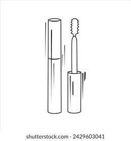 Vector black white outline mascara with brush. Isolated contour cosmetic illustration side view. Drawn makeup icon. For design, cards and banner