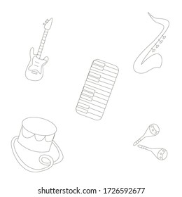Vector black and white outline  musical instruments guitar drum violin synthesizer. Circuit. Vector illustration.