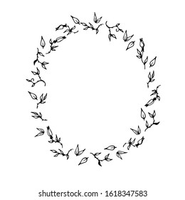 vector black and white outline round frame of rose flowers and branches with leaves isolated on white background.