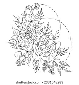 Vector black and white outline simple illustration of rose flowers. Bouquet of flowers for tattoos and for the body. Coloring book antistress.