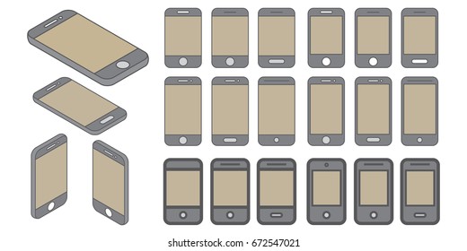 vector black and white outline smartphone simple icons set. touchscreen phone symbols collection with flat and isometrics style.