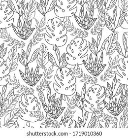 Vector black and white overall tropical leaves seamless pattern background