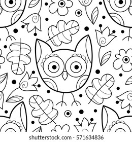 Vector black and white owl seamless pattern. Simple monochrome flower print. Floral cute doodle background. Hand drawn elegant owl pattern. Scrapbook paper.