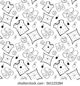 Vector Black White Pajama Movie Night Party Necessities Seamless Pattern. Pillow Nail Polish Cookie Snack.