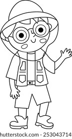 Vector black and white paleontologist icon. Cartoon archeologist boy clipart waving hand. Historical dinosaur dig or excavations scientist, explorer line illustration, coloring page